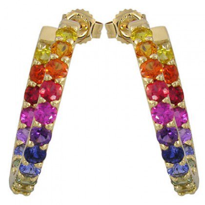 Rainbow Sapphire Earrings Inside Outside 1 Inch Hoop Huggie 14K YG (4ct tw) SKU: 1518-14K-YG