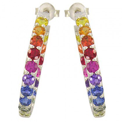 Rainbow Sapphire Earrings Inside Outside 1 Inch Hoop Huggie 18K WG (4ct tw) SKU: 1518-18K-WG