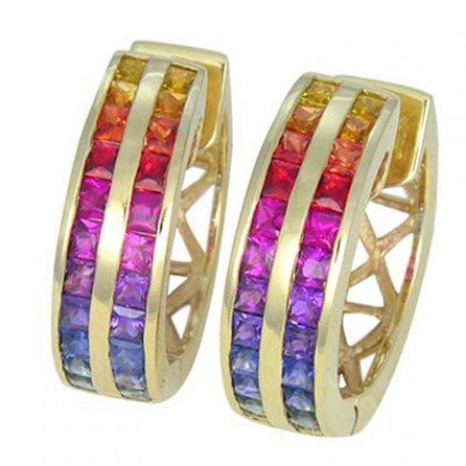 Rainbow Sapphire Earrings Double Row Huggie 14K Yellow Gold (5ct tw) SKU: 437-14K-YG