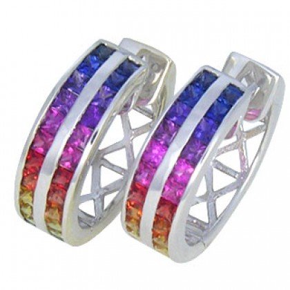 Rainbow Sapphire Earrings Double Row Huggie 14K White Gold (5ct tw) SKU: 437-14K-WG