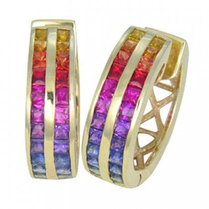 Rainbow Sapphire Earrings Double Row Huggie 18K Yellow Gold (5ct tw) SKU: 437-18K-YG