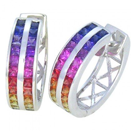 Rainbow Sapphire Earrings Double Row Huggie 18K White Gold (5ct tw) SKU: 437-18K-WG