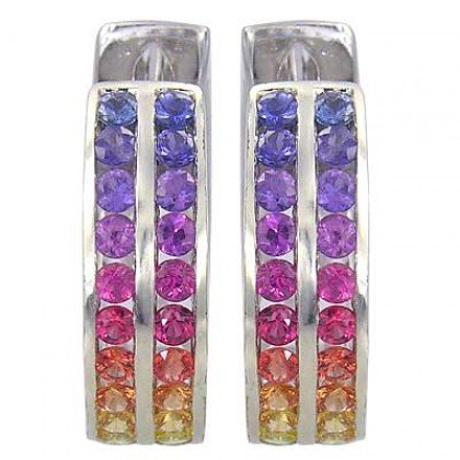 Rainbow Sapphire Earrings Double Row Huggie 925 Sterling Silver (5ct tw) SKU: 437-925