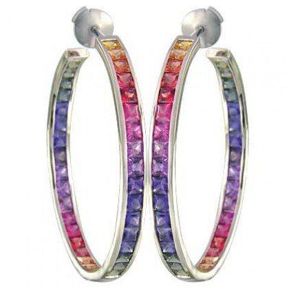 Rainbow Sapphire Earrings Channel Set Hoop Huggie 925 Sterling Silver (8.8ct tw) SKU: 1545-925