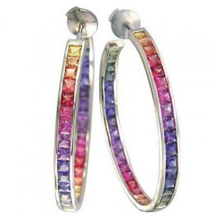 Rainbow Sapphire Earrings Channel Set Hoop Huggie 14K White Gold (8.8ct tw) SKU: 1545-14K-WG