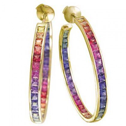 Rainbow Sapphire Earrings Channel Set Hoop Huggie 14K Yellow Gold (8.8ct tw) SKU: 1545-14K-YG