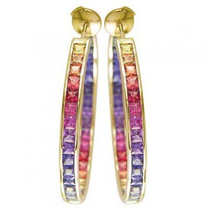 Rainbow Sapphire Earrings Channel Set Hoop Huggie 18K Yellow Gold (8.8ct tw) SKU: 1545-18K-YG
