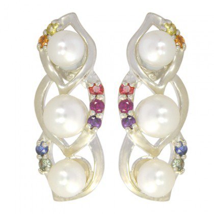 Rainbow Sapphire & Pearl Antique Style Earring 925 Sterling Silver (1/2ct tw) SKU: 1453-925