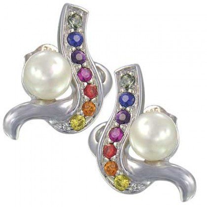 Rainbow Sapphire & Pearl Classic Earring 925 Sterling Silver (1/2ct tw) SKU: 1605-925