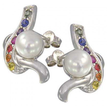 Rainbow Sapphire & Pearl Classic Earrings 14K White Gold (1/2ct tw) SKU: 1605-14K-WG