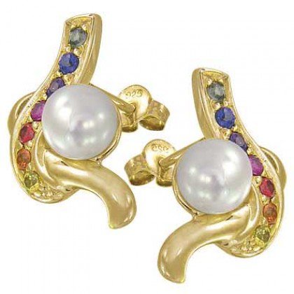 Rainbow Sapphire & Pearl Classic Earrings 14K Yellow Gold (1/2ct tw) SKU: 1605-14K-YG