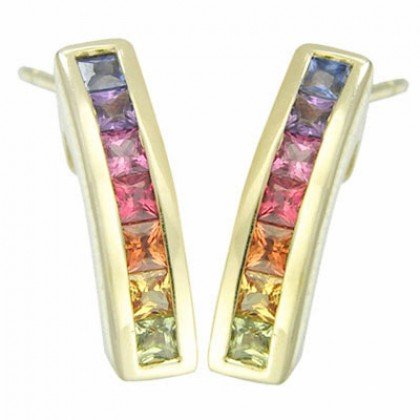 Rainbow Sapphire Earrings Hoop Huggie 14K Yellow Gold (2.3ct tw) SKU: 889-14K-YG