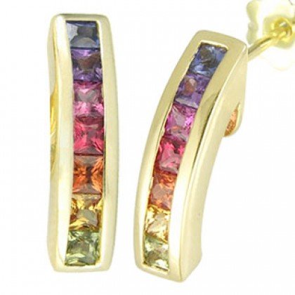 Rainbow Sapphire Earrings Hoop Huggie 18K Yellow Gold (2.3ct tw) SKU: 889-18K-YG
