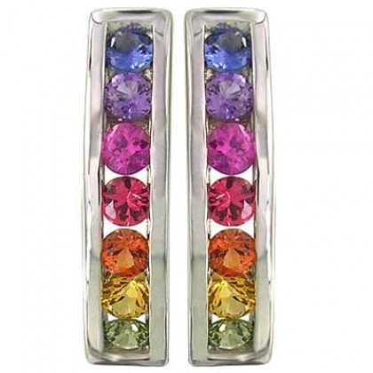 Rainbow Sapphire Earrings Hoop Huggie 925 Sterling Silver (1ct tw) SKU: 888-925