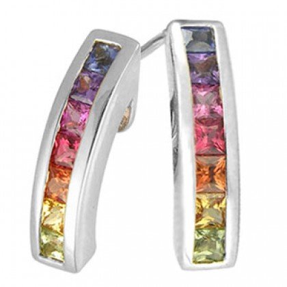 Rainbow Sapphire Earrings Hoop Huggie 14K White Gold (1ct tw) SKU: 888-14K-WG