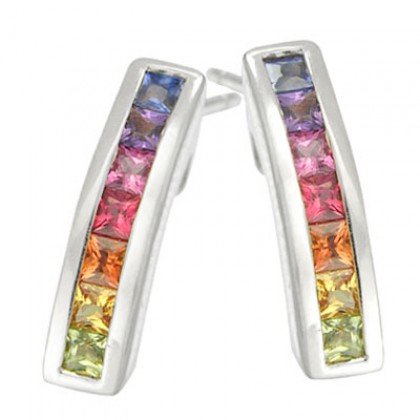 Rainbow Sapphire Earrings Hoop Huggie 18K White Gold (1ct tw) SKU: 888-18K-WG