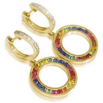 Rainbow Sapphire & Diamond Huggie Earrings 14K Yellow Gold (2.5ct tw) SKU: 424-14K-YG