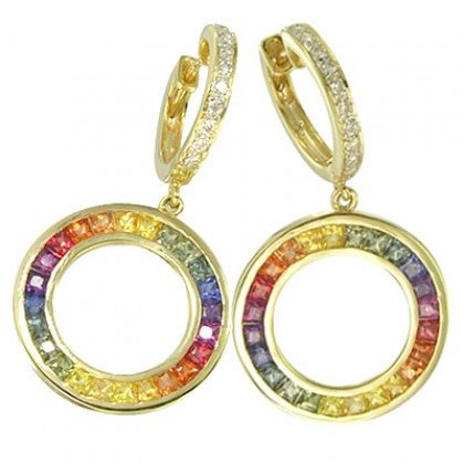 Rainbow Sapphire & Diamond Circle Huggie Earrings 14K YG (4.04ct tw) SKU: 1090-14K-YG