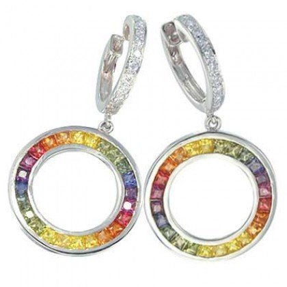 Rainbow Sapphire & Diamond Circle Huggie Earrings 14K WG (4.04ct tw) SKU: 1090-14K-WG