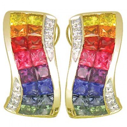 Rainbow Sapphire & Diamond Double Row Invisible Set Earrings 14K YG (4.13ct tw) SKU: 426-14K-YG