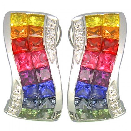 Rainbow Sapphire & Diamond Double Row Invisible Set Earrings 14K WG (4.13ct tw) SKU: 426-14K-WG