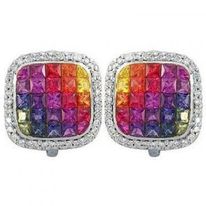 Rainbow Sapphire & Diamond Invisible Set Earrings 14K White Gold (4.5ct tw) SKU: 430-14K-WG