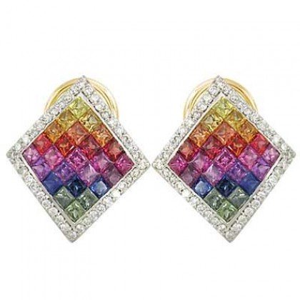 Rainbow Sapphire & Diamond Invisible Set Earrings 14K Yellow Gold (5.5ct tw) SKU: 428-14K-YG