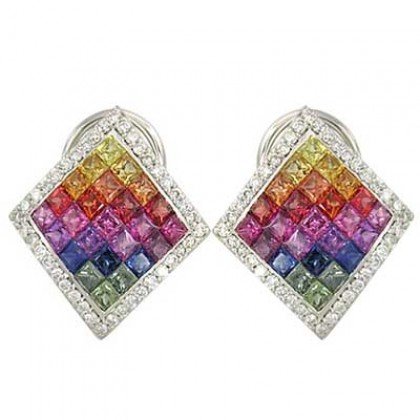 Rainbow Sapphire & Diamond Invisible Set Earrings 14K White Gold (5.5ct tw) SKU: 428-14K-WG