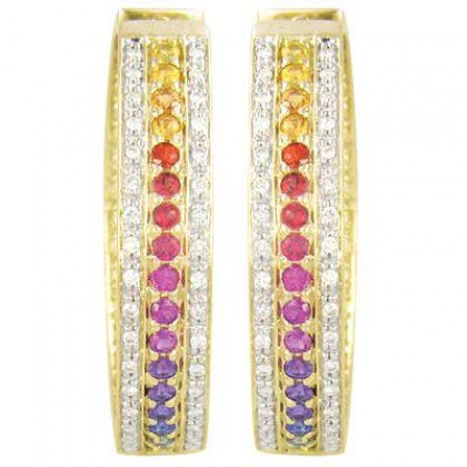 Rainbow Sapphire & Diamond Triple Row Earrings 18K Yellow Gold (4.42ct tw) SKU: 1495-18K-YG