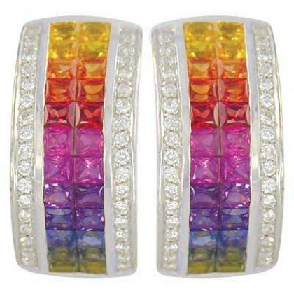 Rainbow Sapphire & Diamond Invisible Set Huggie Earrings 14K WG (8.75ct tw) SKU: 1534-14K-WG