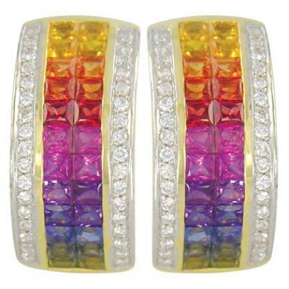 Rainbow Sapphire & Diamond Invisible Set Huggie Earrings 14K YG (8.75ct tw) SKU: 1534-14K-YG