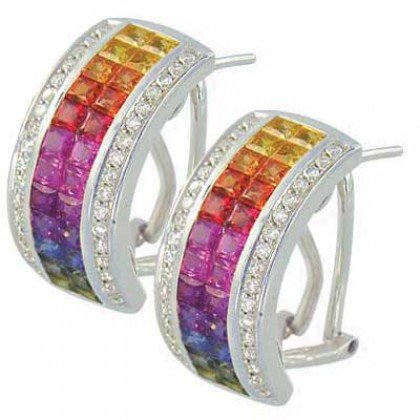 Rainbow Sapphire & Diamond Invisible Set Huggie Earrings 18K WG (8.75ct tw) SKU: 1534-18K-WG