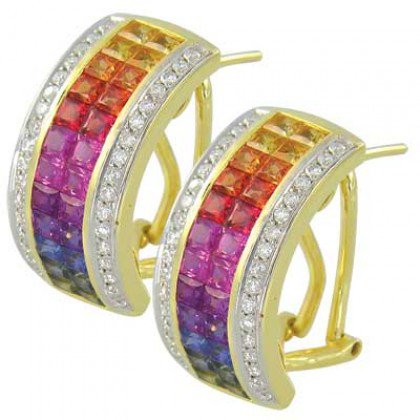 Rainbow Sapphire & Diamond Invisible Set Huggie Earrings 18K YG (8.75ct tw) SKU: 1534-18K-YG
