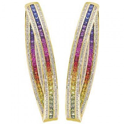 Rainbow Sapphire & Diamond Inside Out Hoop Earrings 14K Yellow Gold (7.8ct tw) SKU: 1608-14K-YG