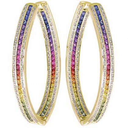 Rainbow Sapphire & Diamond Inside Out Hoop Earrings 18K Yellow Gold (7.8ct tw) SKU: 1608-18K-YG