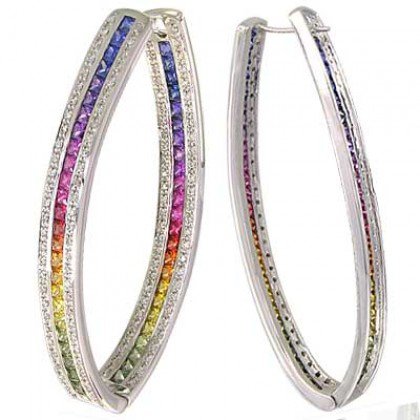Rainbow Sapphire & Diamond Inside Out Hoop Earrings 18K White Gold (7.8ct tw) SKU: 1608-18K-WG