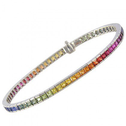 Rainbow Sapphire Tennis Bracelet 18K White Gold (12ct tw) SKU: 311-18K-WG
