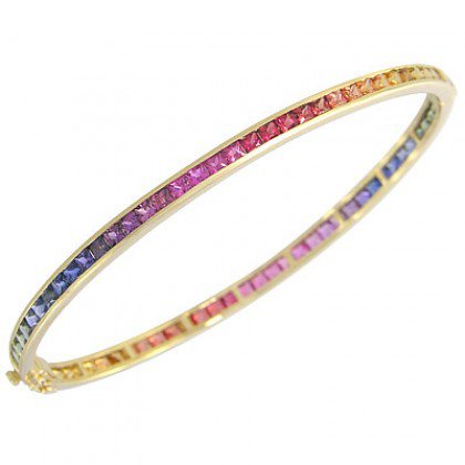 Rainbow Sapphire Eternity Oval Bangle 14K Yellow Gold (8ct tw) SKU: 1520-14K-YG