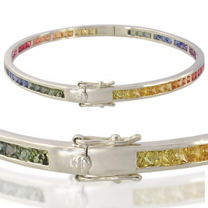 Rainbow Sapphire Eternity Oval Bangle 18K White Gold (8ct tw) SKU: 1520-18K-WG