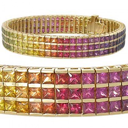 Rainbow Sapphire Tripple Row Channel Set Tennis Bracelet 14K Yellow Gold (30ct tw) SKU: 1613-14K-YG