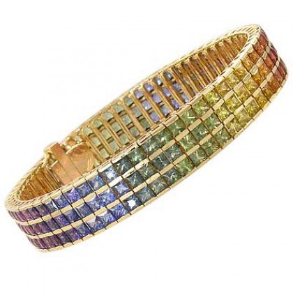 Rainbow Sapphire Tripple Row Channel Set Tennis Bracelet 18K Yellow Gold (30ct tw) SKU: 1613-18K-YG