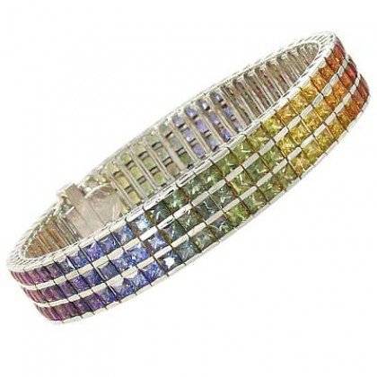 Rainbow Sapphire Tripple Row Channel Set Tennis Bracelet 18K White Gold (30ct tw) SKU: 1613-18K-WG