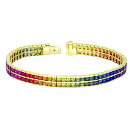 Rainbow Sapphire Double Row Tennis Bracelet 14K Yellow Gold (20ct tw) SKU: 439-14K-YG