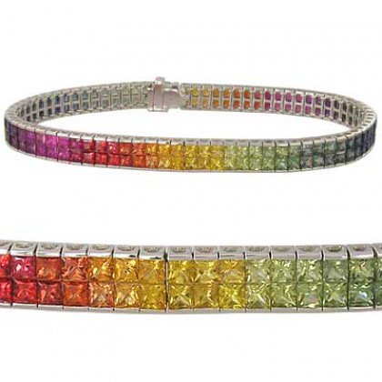 Rainbow Sapphire Double Row Invisible Set Tennis Bracelet 14K White Gold (20ct tw) SKU: 410-14K-WG