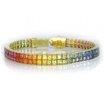 Rainbow Sapphire Double Row Invisible Set Tennis Bracelet 14K Yellow Gold (20ct tw) SKU: 410-14K-YG
