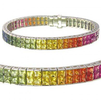 Rainbow Sapphire Double Row Invisible Set Tennis Bracelet 14K White Gold (25ct tw) SKU: 1567-14K-WG
