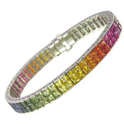 Rainbow Sapphire Double Row Invisible Set Tennis Bracelet 18K White Gold (25ct tw) SKU: 1567-18K-WG