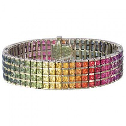 Rainbow Sapphire Channel Set 4 Row Tennis Bracelet 14K White Gold (40ct tw) SKU: 1572-14K-WG