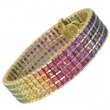 Rainbow Sapphire Channel Set 4 Row Tennis Bracelet 18K Yellow Gold (40ct tw) SKU: 1572-18K-YG