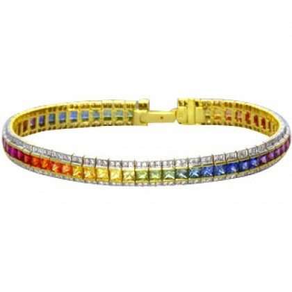 Rainbow Sapphire & Diamond Tennis Bracelet 14K Yellow Gold (14ct tw) SKU: 1612-14K-YG
